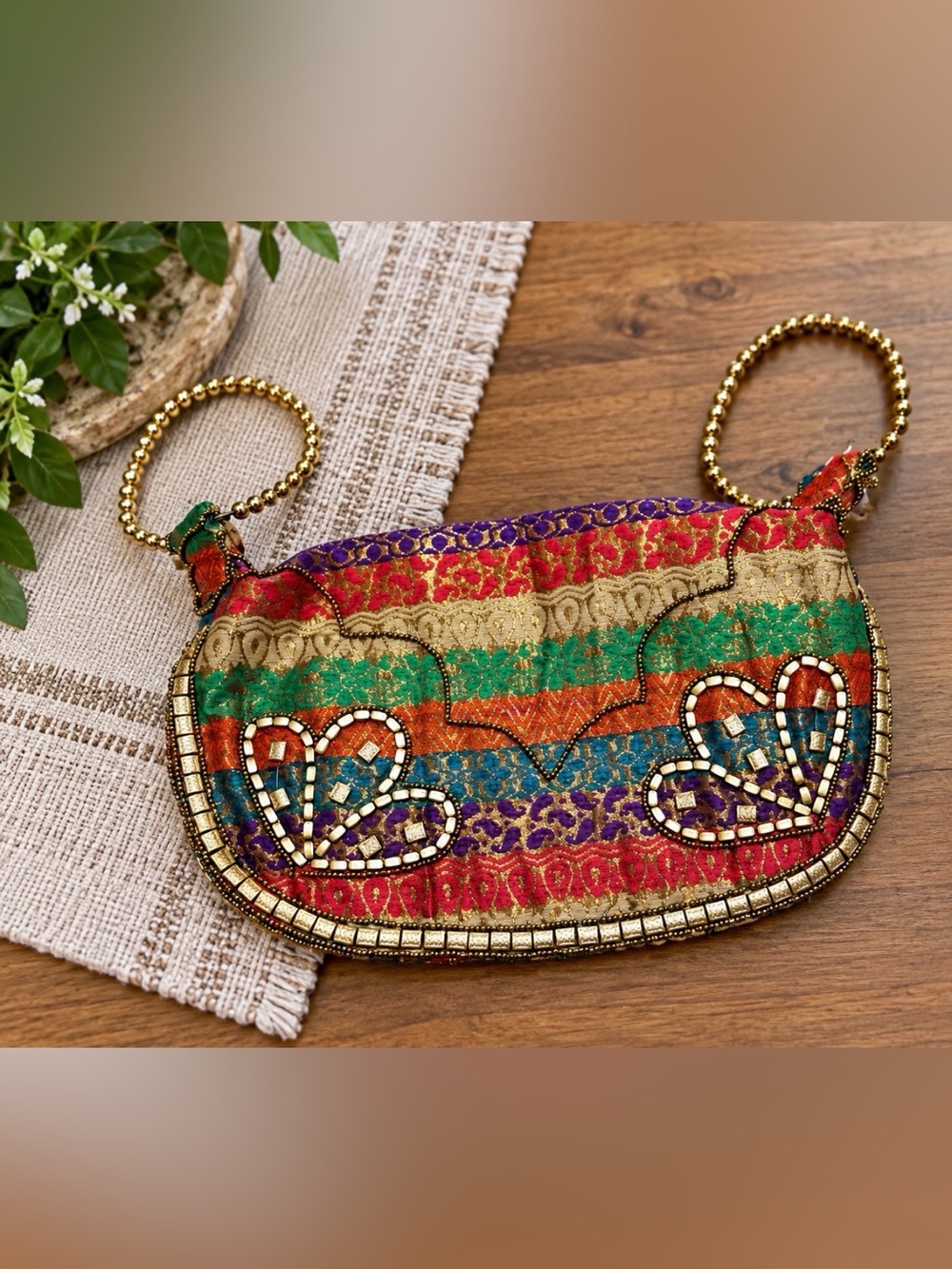 Boho Multicolor Embroidered Beaded Handbag Gold Handle